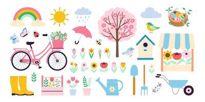 A colorful image of a garden with a bicycle, umbrella, and birdhouse. Scene is cheerful and playful vector