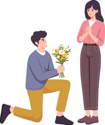 Boy Propoe to Woman with bouquet