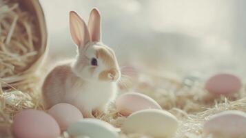 Cute little bunny with pastel-colored Easter eggs. 10 photo
