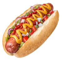 delicioso quente cachorro embalado com coberturas a partir de uma verão churrasco dentro uma quintal configuração durante uma ensolarado tarde png