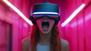 Woman wearing a virtual reality headset and screaming while playing a game. 9 photo