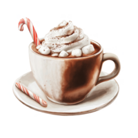 A cup of hot chocolate with whipped cream and a red and white cane png