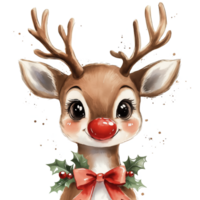 A cute cartoon of a reindeer with a red nose and a red ribbon around its neck png