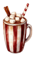 A cup of hot chocolate with marshmallows and a red and white striped handle png