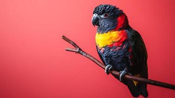 Vibrant parrot perched on a branch, showcasing a striking mix of black, yellow, and red plumage against a solid red backdrop. photo