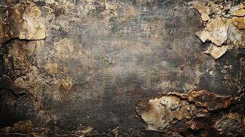 A distressed wall shows layers of aged plaster and weathered paint, revealing a textured and time-worn surface in an earthy color palette. photo