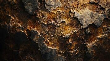 Detailed close-up of a cave wall reveals intricate textures and varying shades of brown, grey, and gold. The rugged surface and deep crevices. photo