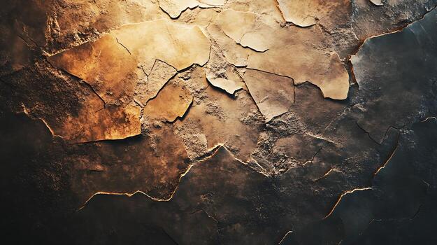 Abstract textured surface with cracks and flakes, displaying a mix of beige and dark tones in a close-up view. photo