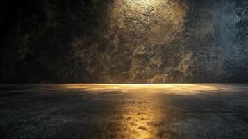 Textured wall and floor illuminated by a warm light, casting shadows and enhancing the rough surfaces. Creates a dramatic and gritty backdrop. photo