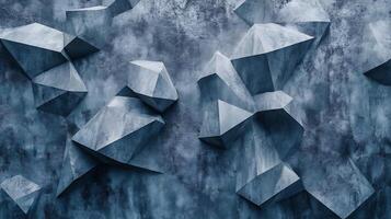 Geometric concrete formations on a textured surface. Abstract stone-like sculptures in shades of gray and blue. Modern art. photo
