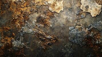 A weathered and textured surface with peeling layers, revealing a mix of metallic and earthy tones, creating a rich, abstract pattern. photo