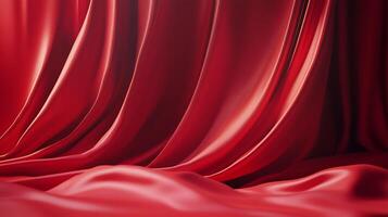 Elegant draped fabric catches the light with smooth waves and a soft, glossy surface. Red curtain material fills the space. photo