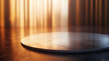 Elegant spotlight on circular stage with reflective surface against a blurred backdrop of golden vertical lines. Perfect for product display. photo