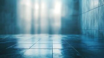 Minimalist aesthetic a blue-toned modern space, light reflecting on tile. Serene and clean, creating a calming perspective. photo
