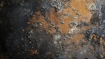 Abstract close-up of a weathered, textured surface with a blend of black, brown, and grey tones. The rough texture adds depth to the image. photo