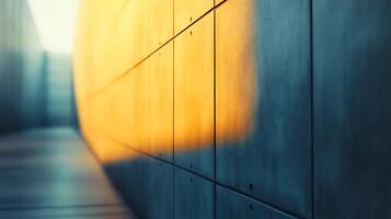 Architectural concrete wall illuminated by a golden light, creating a stark contrast between warmth and cool tones in urban space. photo