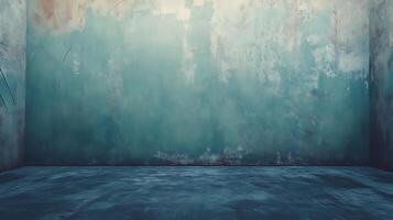 An aged concrete room with textured blue and white paint, creating a sense of depth and atmospheric grunge for dramatic backdrop. photo