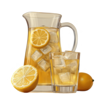 A pitcher of lemonade with ice cubes and a glass of lemonade png