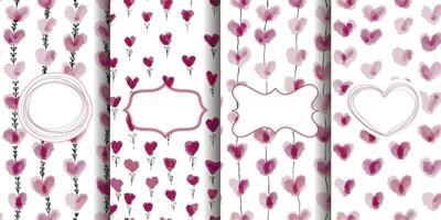 Set of seamless patterns with watercolor hearts vector