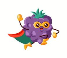 Playful grape superhero wearing a yellow mask, gloves, and a red cape. A joyful, dynamic fruit character perfect for kids content, healthy eating campaigns, and fun branding. vector