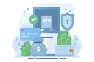 ATM security and protection concept. ATM machine or ATM. Security in using ATM machines. Technology and finance. ATM machines for transactions and money storage. flat cartoon illustration. vector