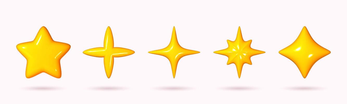 Set of Yellow star icon 3D cartoon style, isolated on a white background. Design illustration of a plastic, volumetric star.