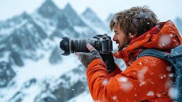 Austria, Grossglockner, Man taking photograph of Alpine Marmots photo