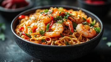A bowl of noodles with shrimp and vegetables photo