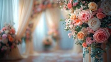 A wedding aisle with flowers and curtains photo