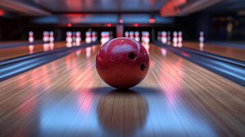 Bowling ball strikes pins photo