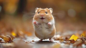 Cute hamster dancing joyfully in studio setting photo