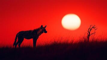 Hyena and acacia tree walking in the dry savannah photo
