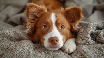 A brown and white dog laying on a blanket photo