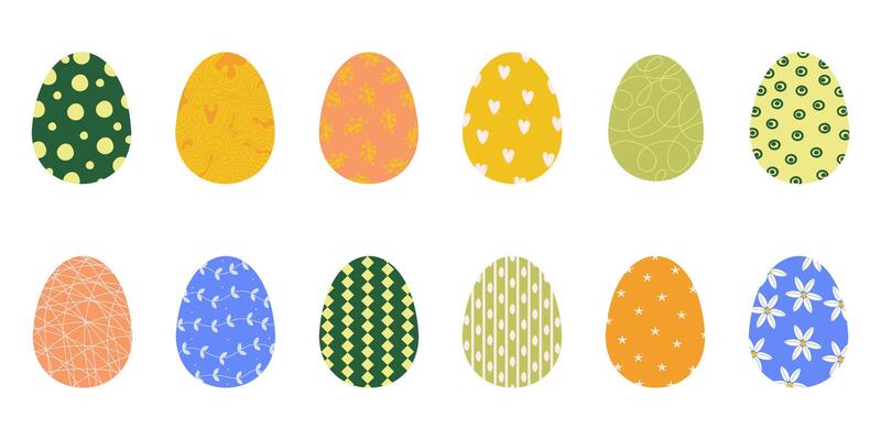 Set of Easter eggs with . Cute colorful patterns with flowers, dots, stripes and abstract elements. Perfect for spring, holiday decor, invitation, festive design. Collection of painted eggs.