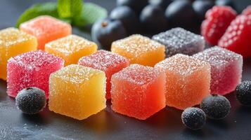 Colorful fruit gummies on a dark background photo