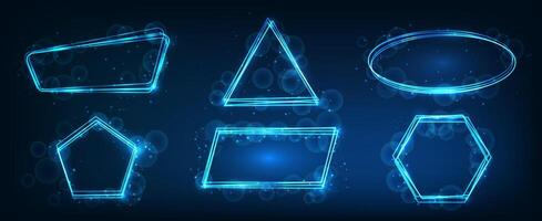 Set of six neon frames in geometric forms with shining effects and sparkles on dark background. Empty glowing techno backdrop. illustration vector