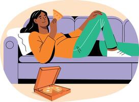 A flat illustration of lazy girl eating pizza vector