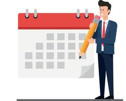 Businessman in a suit happily marking a date on a calendar in a flat design illustration vector