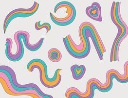Collection of abstract wavy shapes and swirls in a retro-inspired style. The colorful, fluid forms create a dynamic and playful composition with a groovy, psychedelic aesthetic on a light background. vector