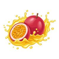 Illustration of whole and half passion fruit, with yellow juice splash, isolated on white background. vector