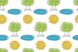 Colorful patterns of trees and sun with blue ponds on a white background vector