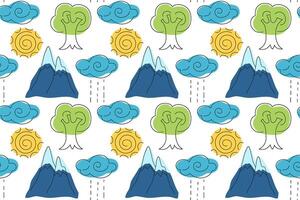 Colorful pattern of nature elements featuring mountains, trees, and weather symbols vector