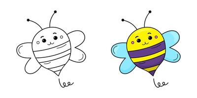 Cute Bee Coloring Page. Color book for kids with colored example. Black and white stock image isolated on white background. For children. vector