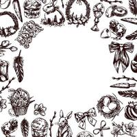 Vintage hand-drawn Easter frame with festive elements in monochrome vector
