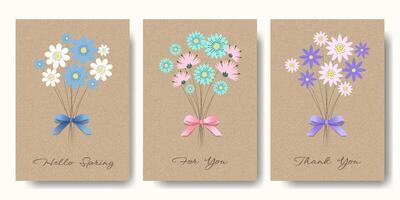 Poster Set with Flat Flowers and 3D Bow on Kraft Paper. Spring or Summer Cards with Bouquet on Cardboard Background. Brown Kraft Sheet Texture. Template with Floral on Vintage Parchment Background. vector