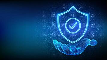 Security shield. Cyber security. Protection shield with Check mark icon in wireframe hand. Cyber data protection. Information privacy idea. Circuit board pattern. PCB printed circuit texture vector