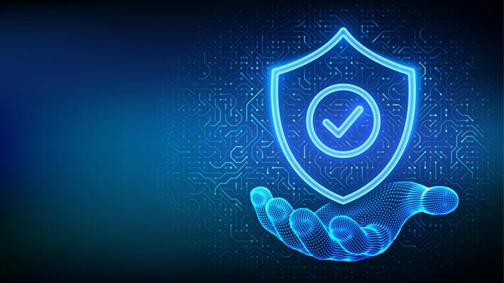 Security shield. Cyber security. Protection shield with Check mark icon in wireframe hand. Cyber data protection. Information privacy idea. Circuit board pattern. PCB printed circuit texture
