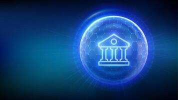 Banking. Online banking and payment. Secure transactions. Financial data protection. Cyber security. Finance networking. Glass transparent sphere with surface of hexagons with Bank icon vector
