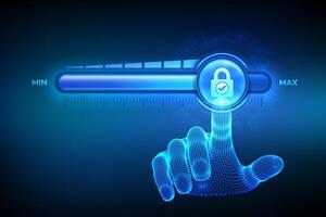 Increasing Security level. Cyber security concept. Network security. Wireframe hand is pulling up to the maximum position progress bar with the lock icon. Enhance data protection level. vector