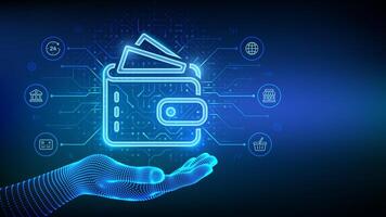 Digital wallet icon in wireframe hand. E-wallet. Online payment by digital wallet. Online banking service application. Mobile banking, money transaction, e-commerce. vector